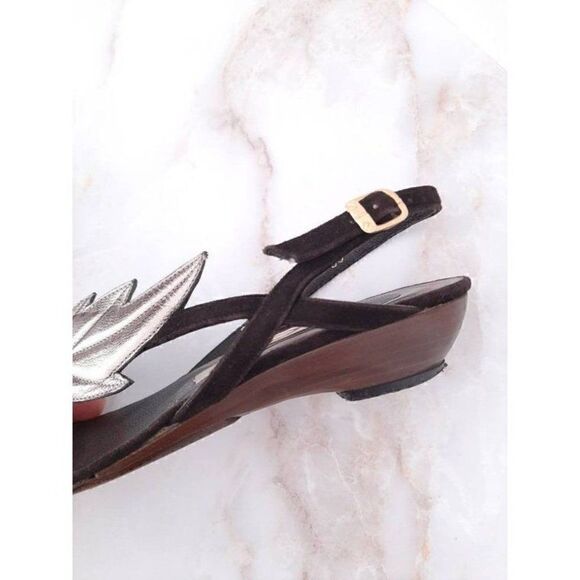 Vintage sling back sandals with leather leaf and buckle silver and black sz - 6 - Picture 3 of 5